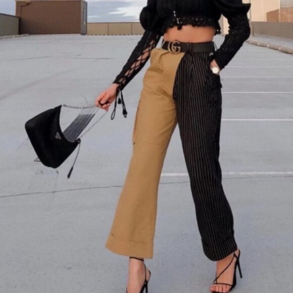 Choosy Khaki Two Tone Asymmetrical Waist Cuffed Trouser Utility Pants 4 NWT - Picture 1 of 4